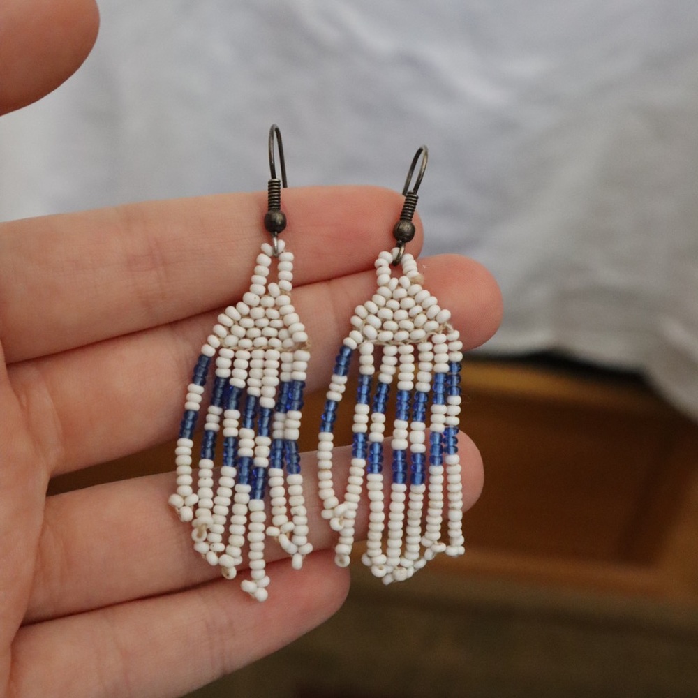 White blue fringe seed bead earrings boho